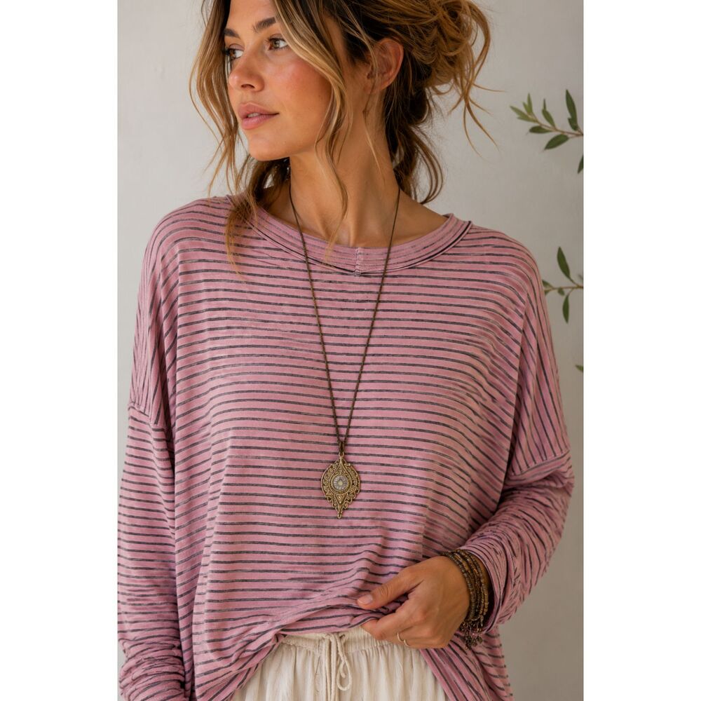 Free People Pink & Charcoal Striped Oversized Long Sleeve Tee 100% Cotton M